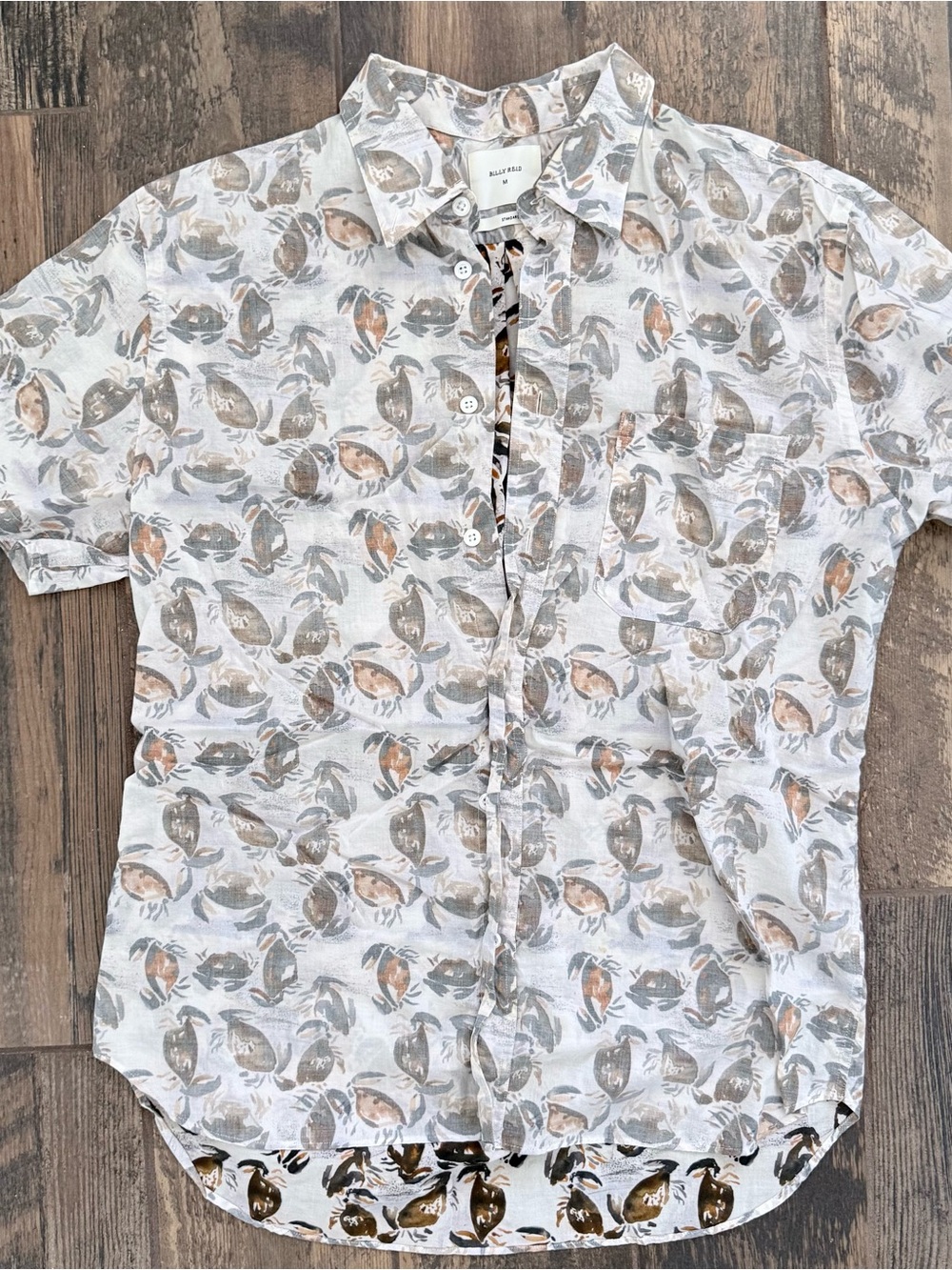 Billy Reid Short-Sleeve Button-Down Shirt in White with Gray & Tan Abstract